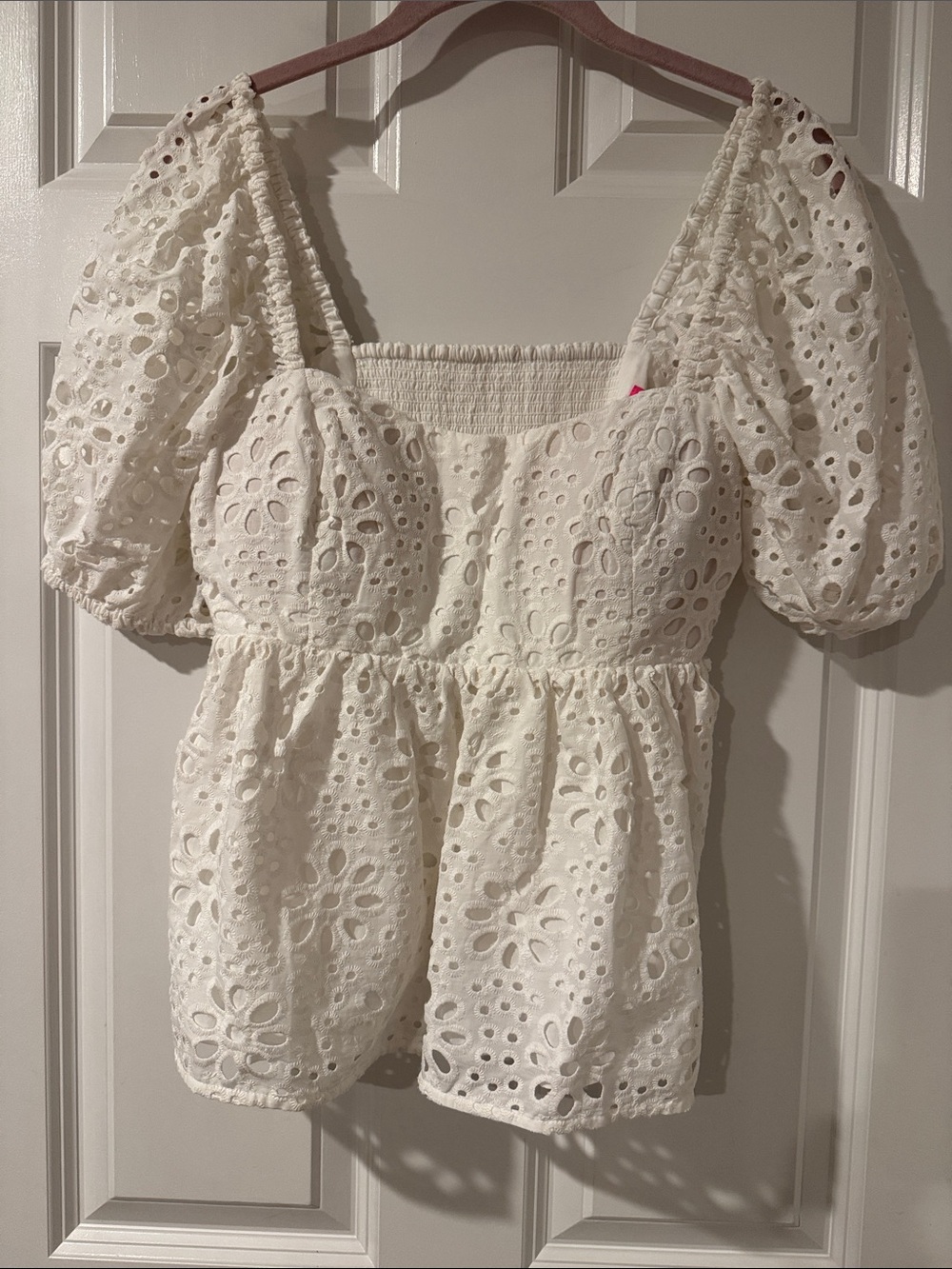 Lilly Pulitzer Cream Eyelet Puff-Sleeve Peplum Top